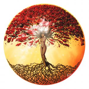 Dessin numérique représentant une femme-arbre de vie ou arbre monde avec un feuillage d'automne ©Ysae illustrations