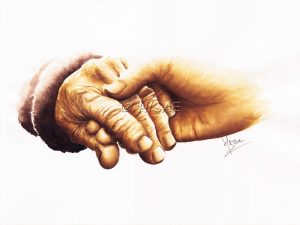 Impression laser d'un dessin aux encres ocres réalisé pour Inktober52 2020 représentant une jeune main qui tient une main âgée et ridée ©Ysae illustrations