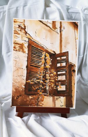 Dessin original aux encres ocres sur un chevalet réalisé pour Inktober52 2020 représentant la fenêtre d'une ruine aux persiennes cassées ©Ysae illustrations