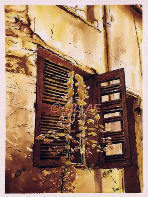 Dessin original aux encres ocres réalisé pour Inktober52 2020 représentant la fenêtre d'une ruine aux persiennes cassées © Ysae illustrations