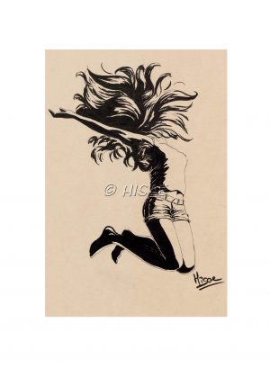 Impression laser d'un dessin à l'encre représentation une femme qui saute de joie ©Ysae illustrations
