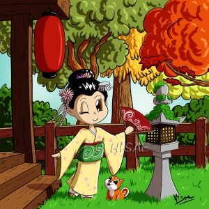 Portrait numérique chibi représentant une petite geisha et son chien devant l'entrée d'un temple japonais ©Ysae illustrations
