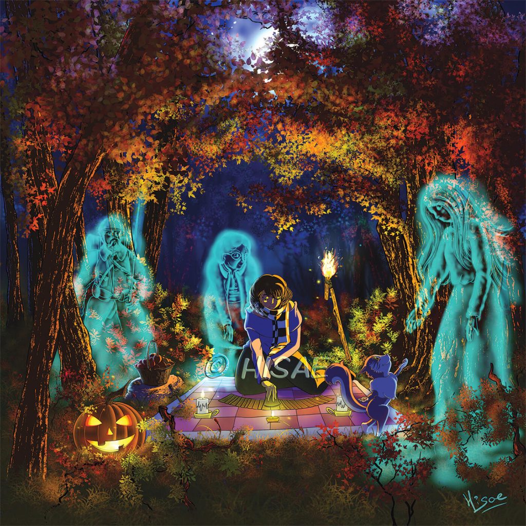 Dessin numérique de Samhain la fête païenne et celtique d'automne qui correspond à Halloween représentant une femme dans une forêt qui fait de la divination en tirant les carte près d'une torche, un chat qui accueille les esprits près d'une corbeille de fruits et d'une citrouille façon Jack O' Lantern ©Ysae illustrations