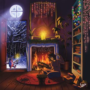 Dessin numérique de Yule la fête païenne du solstice d'hiver et qui correspond à Noël, représentant une femme fabricant une guirlande de houx et de gui devant un feu où brûle une bûche, avec des paquets cadeaux et un chat qui rentre de l'extérieur où il neige ©Ysae illustrations