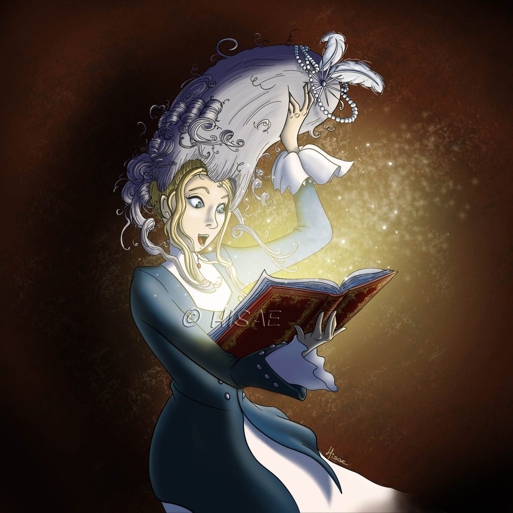 Portrait numérique de la blogueuse du compte Histoires de guide en costume et perruque XVIIIe siècle et ouvrant un livre magique ©Ysae illustrations