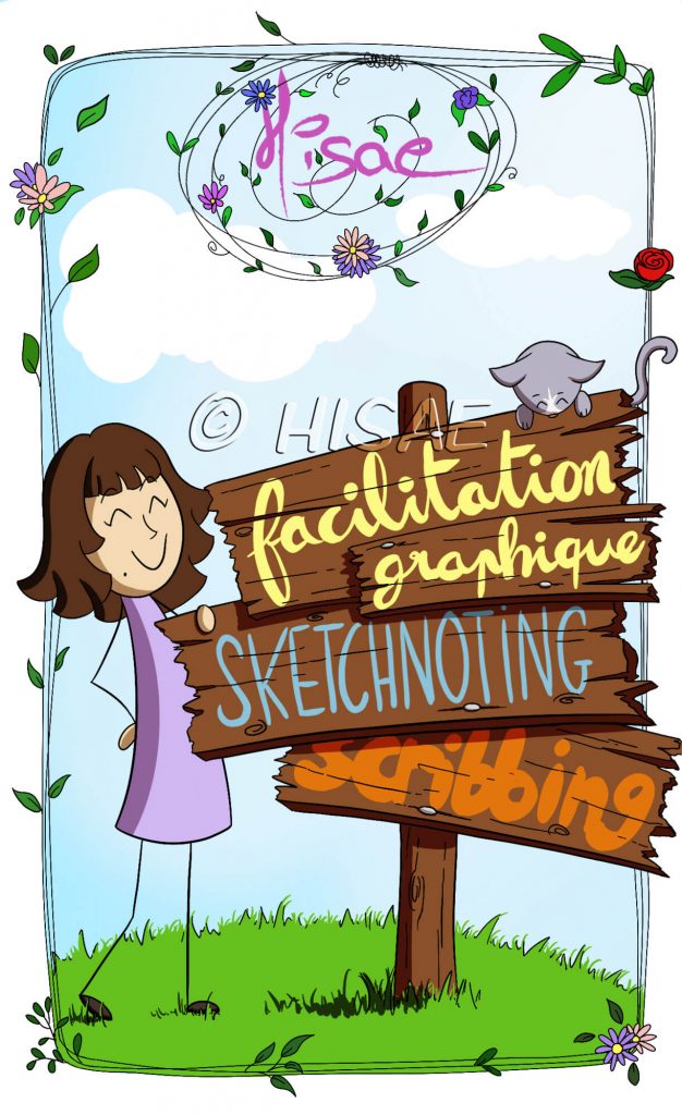 Carte de visite facilitation graphique montrant l'illustratrice et son chat devant un panneau résumant les activités ©Ysae illustrations