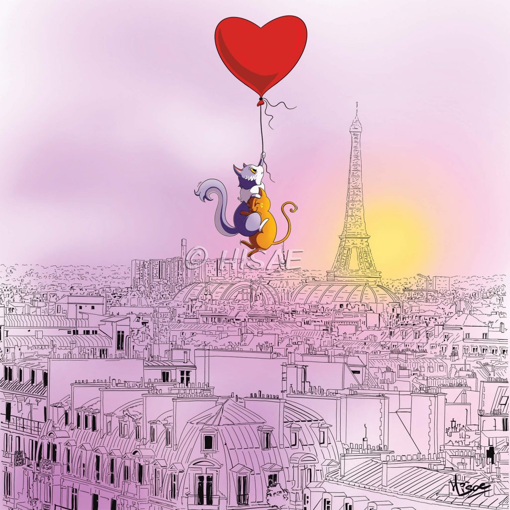 Dessin numérique pour la Saint-valentin représentant deux chats amoureux accrochés à un ballon en forme de cœur qui survolent Paris ©Ysae illustrations