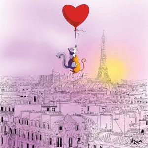 Dessin numérique pour la Saint-valentin représentant deux chats amoureux accrochés à un ballon en forme de cœur qui survolent Paris ©Ysae illustrations