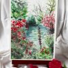 Aquarelle originale sur chevalet d'une partie du jardin d'eau de Giverny avec son lac, ses fleurs et ses arbres ©Ysae illustrations