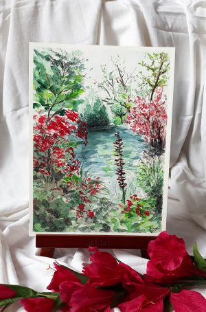 Aquarelle originale sur chevalet d'une partie du jardin d'eau de Giverny avec son lac, ses fleurs et ses arbres ©Ysae illustrations