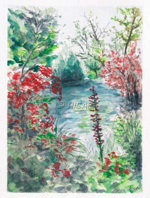 Impression laser d'une aquarelle d'une partie du jardin d'eau de Giverny avec son lac, ses fleurs et ses arbres ©Ysae illustrations