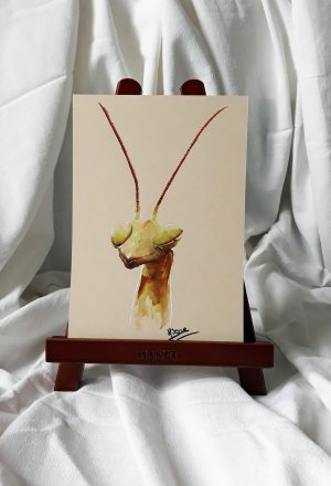 Dessin original à l'encre verte sur chevalet représentant une tête de mante religieuse ©Ysae illustrations