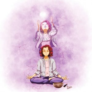 Dessin numérique représentant une femme qui médite et dont l'âme s'envole dans un voyage astral ©Ysae illustrations