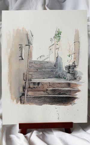 Aquarelle originale sur chevalet de la rue Casse-cou à Nevers, ruelle étroite, vue depuis ses escaliers ©Ysae illustrations