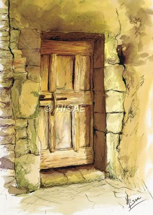 Dessin original 'Le Seuil', dessin à l'encre représentant l'entrée d'un vieux bâtiment avec une porte en bois, dans des tons ocres et sépia ©Ysae illustrations