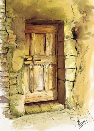 Affiche imprimée de l'œuvre 'Le Seuil', dessin à l'encre représentant l'entrée d'un vieux bâtiment avec une porte en bois, dans des tons ocres et sépia ©Ysae illustrations