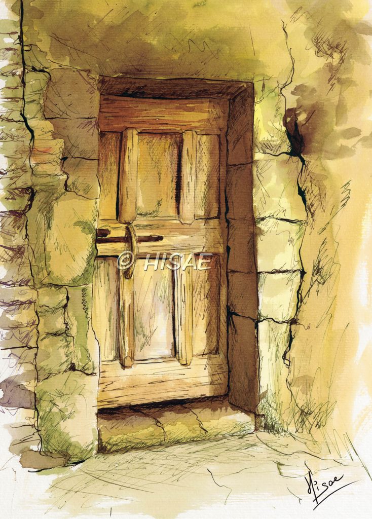 Affiche imprimée de l'œuvre 'Le Seuil', dessin à l'encre représentant l'entrée d'un vieux bâtiment avec une porte en bois, dans des tons ocres et sépia ©Ysae illustrations