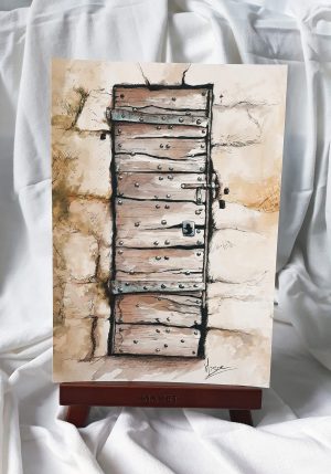 Dessin original aux encres de couleurs sur chevalet d'une vieille porte en bois vermoulue ©Ysae illustrations