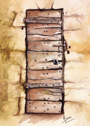 Dessin original aux encres de couleurs d'une vieille porte en bois vermoulue ©Ysae illustrations