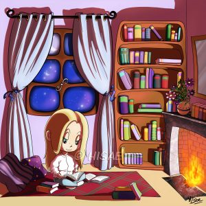 Portrait numérique représentant une fille lisant devant un feu de cheminée et une bibliothèque ©Ysae illustrations