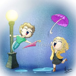 Portrait numérique chibi représentant deux filles dansant sous la pluie à la façon du film Dansons sous la pluie" ©Ysae illustrations