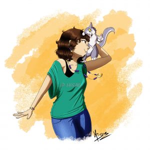 Dessin numérique représentant une femme et son chat ©Ysae illustrations