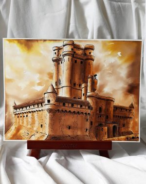 Dessin original aux encres de couleurs sur chevalet représentant le château de Vincennes et son donjon ©Ysae illustrations