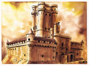 Dessin original aux encres de couleurs représentant le château de Vincennes et son donjon ©Ysae illustrations