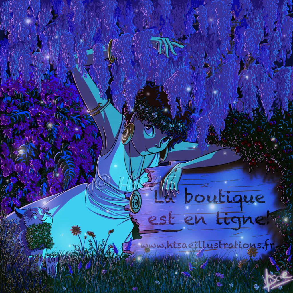 Dessin numérique représentant une nymphe et un chat au milieu des fleurs ©Ysae illustrations