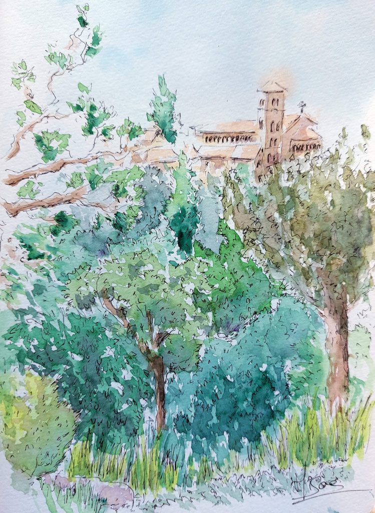 Croquis aquarellé de la vue sur Clisson à travers le jardin depuis le Parc La Garenne Lemot ©Ysae illustrations