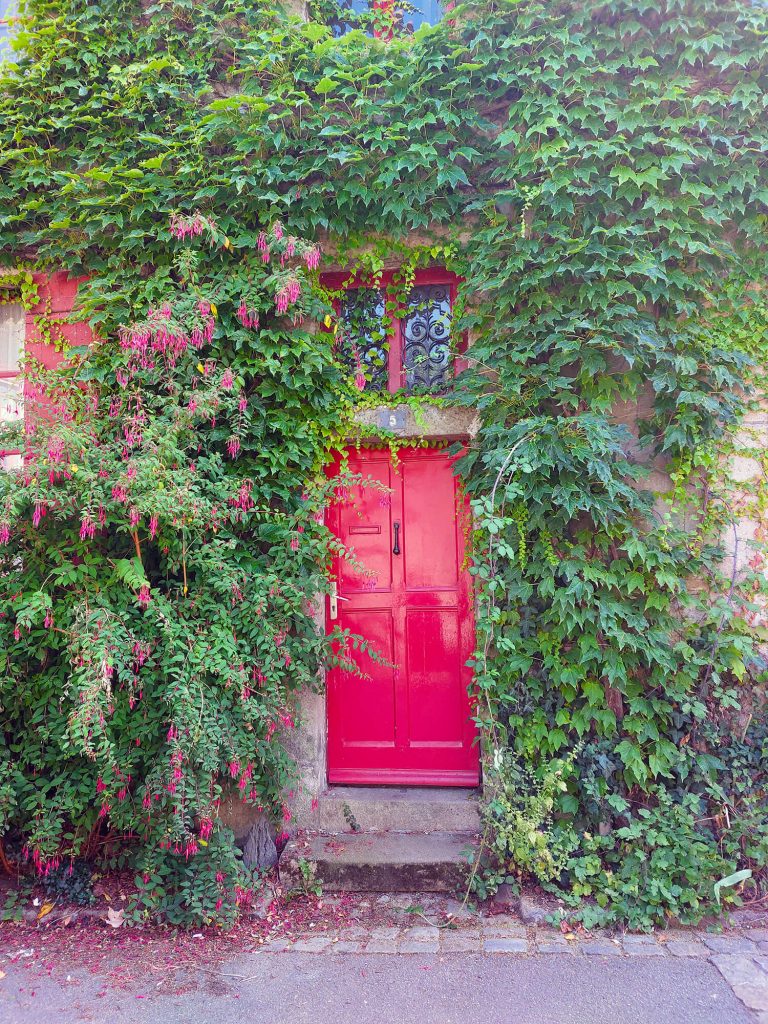 Photographie de belle porte en bois rouge encadrée de lierre et de fleurs à Guérande ©Ysae illustrations