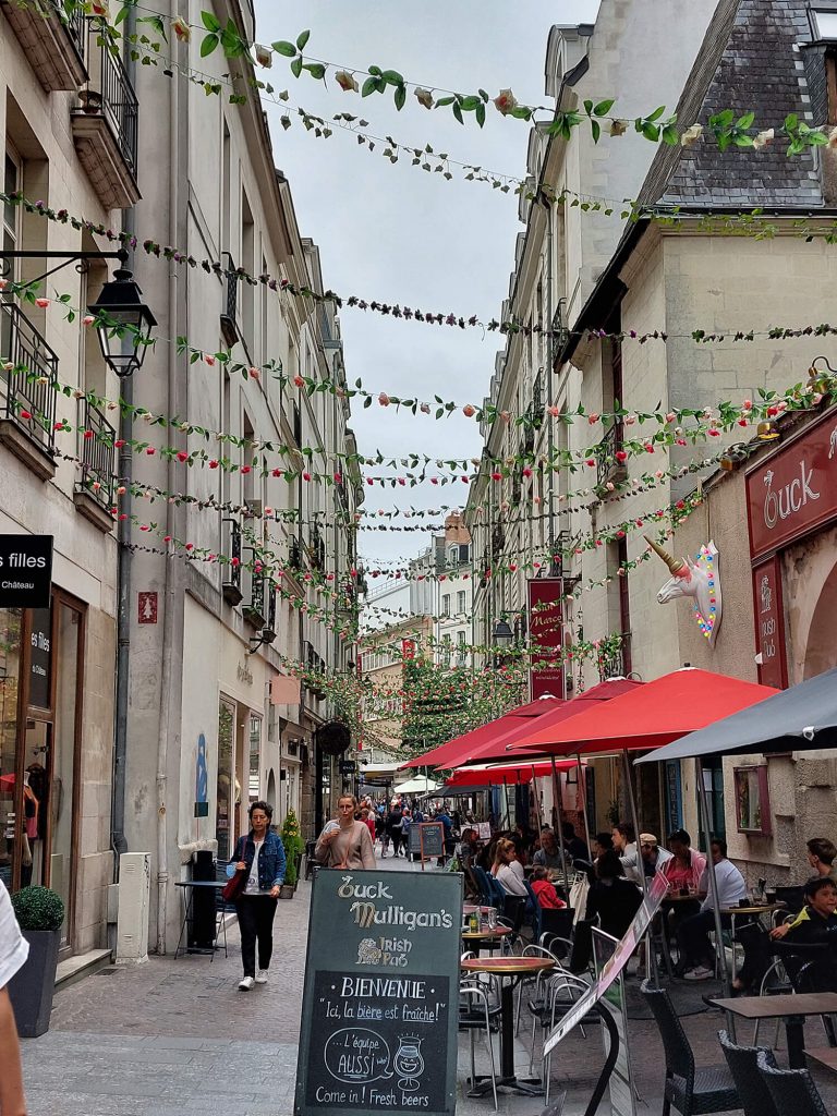 Photographie d'une rue piétonne bordée de restaurants à Nantes ©Ysae illustrations