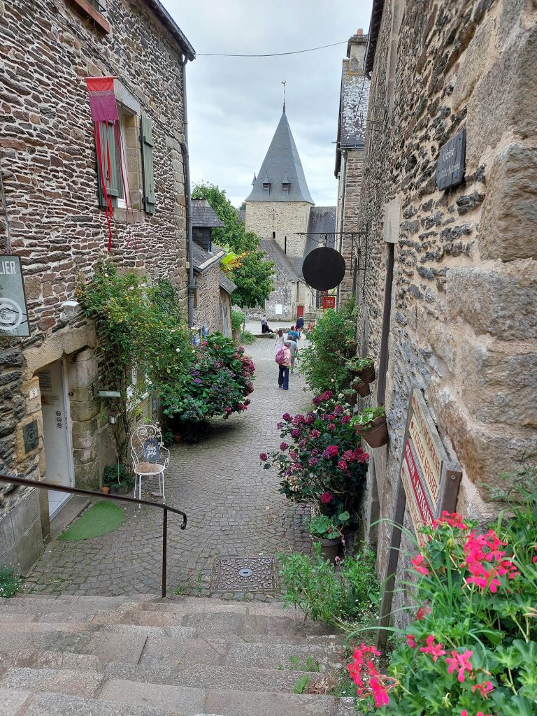 Photographie d'une ruelle fleurie de Rochefort-en-Terre prise depuis le haut d'un escalier ©Ysae illustrations