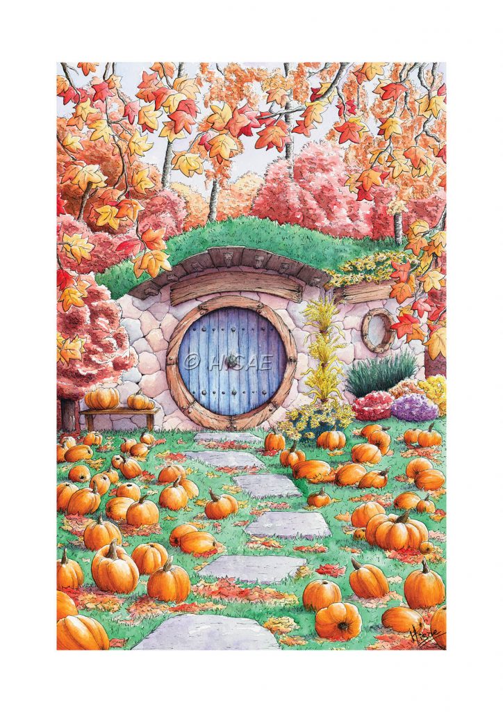 Aquarelle originale représentant la devanture d'une maison de Hobbit dans un paysage automnal avec des citrouilles partout ©Ysae illustrations