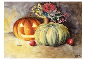 Aquarelle originale représentant une un potiron, une citrouille creusée façon Jack O'lantern et des chrysanthèmes éclairés à la bougie ©Ysae illustrations
