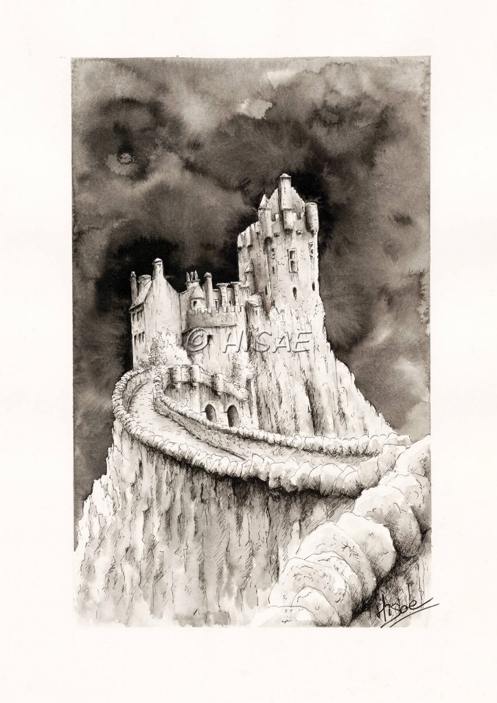 Dessin original à l'encre de Chine représentant le château d'Eilean Donan en Ecosse jonchée sur une falaise ©Ysae illustrations