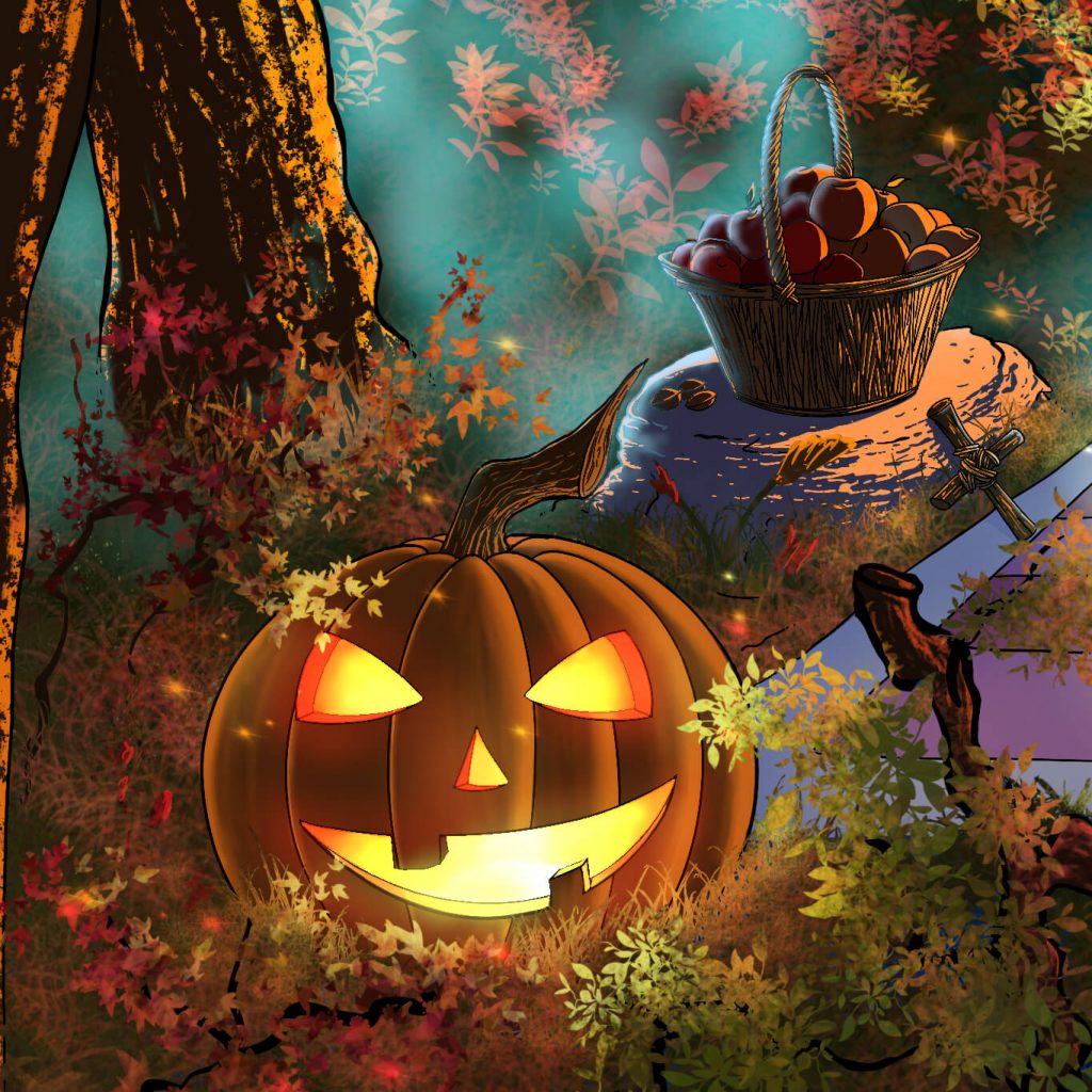 Dessin numérique représentant une citrouille Jack O' lanterne dans les bois ©Ysae illustrations