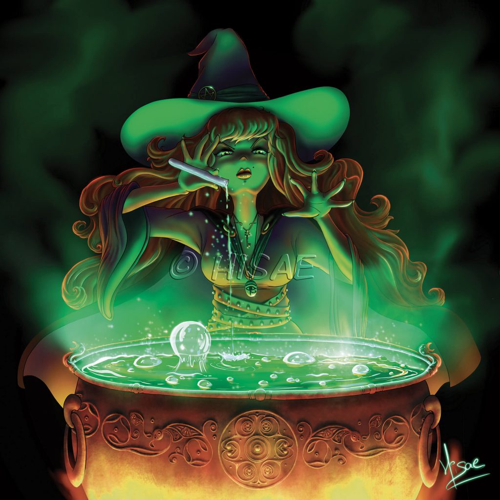 Dessin numérique représentant une sorcière versant un liquide dans le contenu vert d'un grand chaudron ©Ysae illustrations