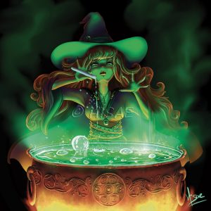 Dessin numérique représentant une sorcière versant un liquide dans le contenu vert d'un grand chaudron ©Ysae illustrations