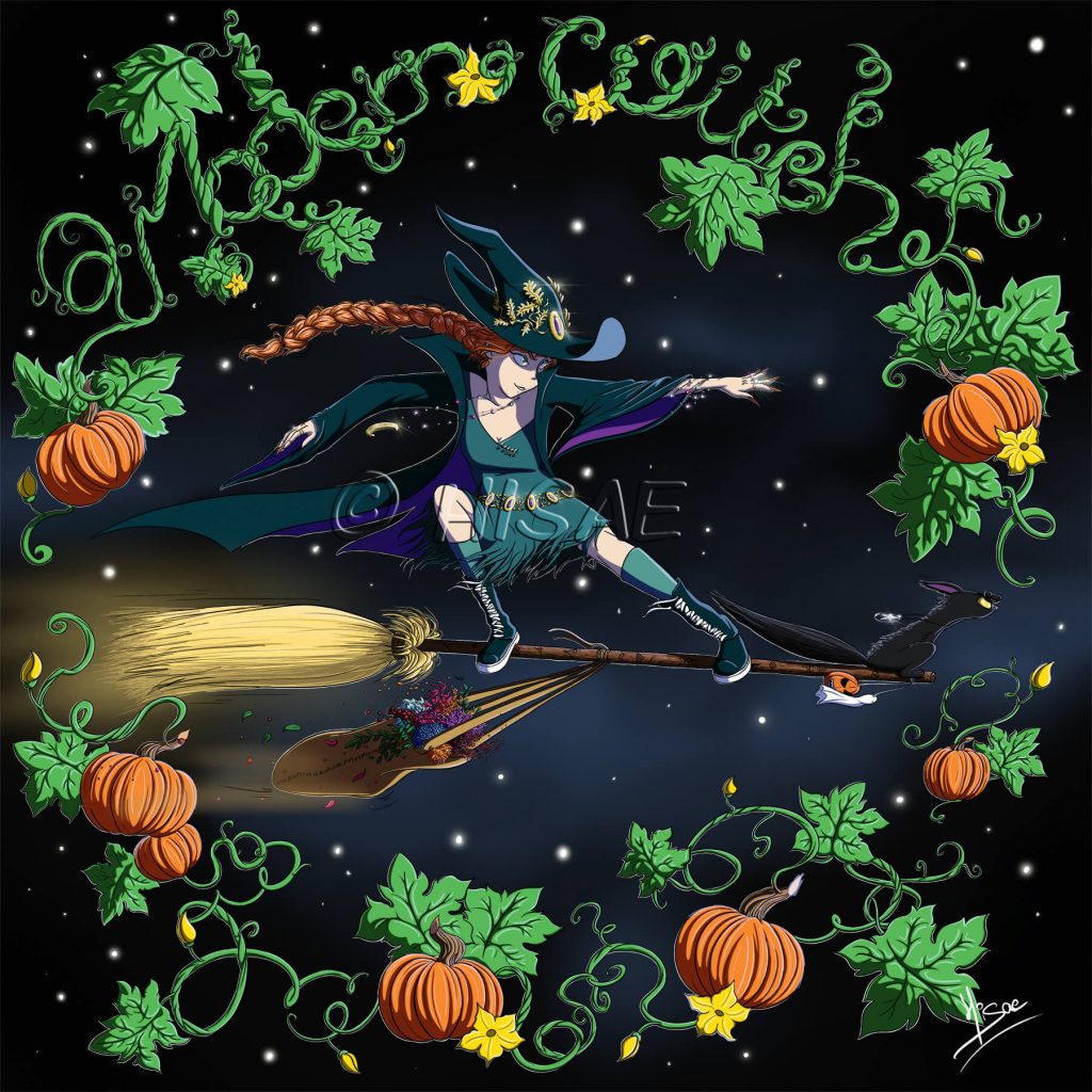 Dessin numérique représentant une jeune sorcière qui surfe sur son balai volant, son chat à l'avant qui guette l'horizon et un sac de plantes accroché au manche. Tout autour, des racines de citrouille forment le mot "Modern witch" ©Ysae illustrations