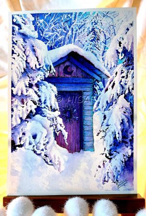 Encre originale sur chevalet représentant une cabane perdue dans une forêt enneigée dans un un camaïeu de bleu et violet ©Ysae illustrations