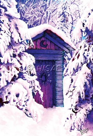 Encre originale représentant une cabane perdue dans une forêt enneigée dans un un camaïeu de bleu et violet ©Ysae illustrations