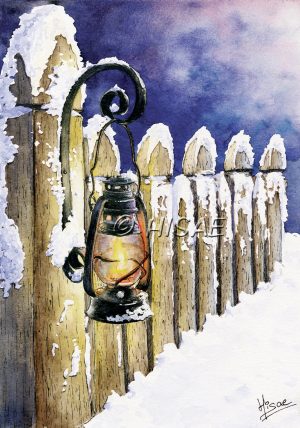 Aquarelle originale représentant une barrière enneigée sur laquelle est accrochée une lanterne ©Ysae illustrations