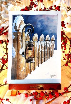 Aquarelle originale sur chevalet représentant une barrière enneigée sur laquelle est accrochée une lanterne ©Ysae illustrations