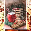 Aquarelle originale sur chevalet représentant une tasse de chocolat chaud avec des marshmallows accompagnée d'une pile de pancakes ©Ysae illustrations