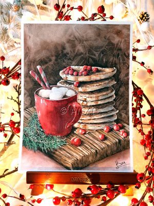 Aquarelle originale sur chevalet représentant une tasse de chocolat chaud avec des marshmallows accompagnée d'une pile de pancakes ©Ysae illustrations