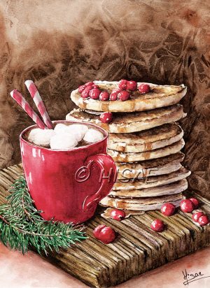 Aquarelle originale représentant une tasse de chocolat chaud avec des marshmallows accompagnée d'une pile de pancakes ©Ysae illustrations