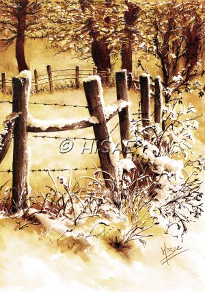 Impression laser d'une encre originale sur chevalet représentant une barrière de piquets et de barbelé délimitant des champs enneigés dans un camaïeu ocre jaune et sépia ©Ysae illustrations