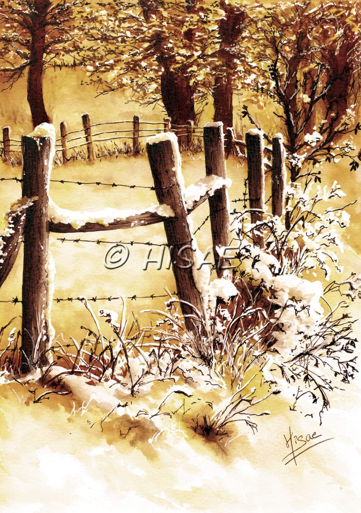 Impression laser d'une encre originale sur chevalet représentant une barrière de piquets et de barbelé délimitant des champs enneigés dans un camaïeu ocre jaune et sépia ©Ysae illustrations