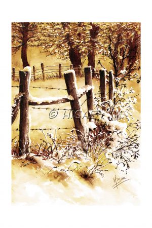 Impression format carte postale d'une encre originale représentant une barrière de piquets et de barbelé délimitant des champs enneigés dans un camaïeu ocre jaune et sépia ©Ysae illustrations